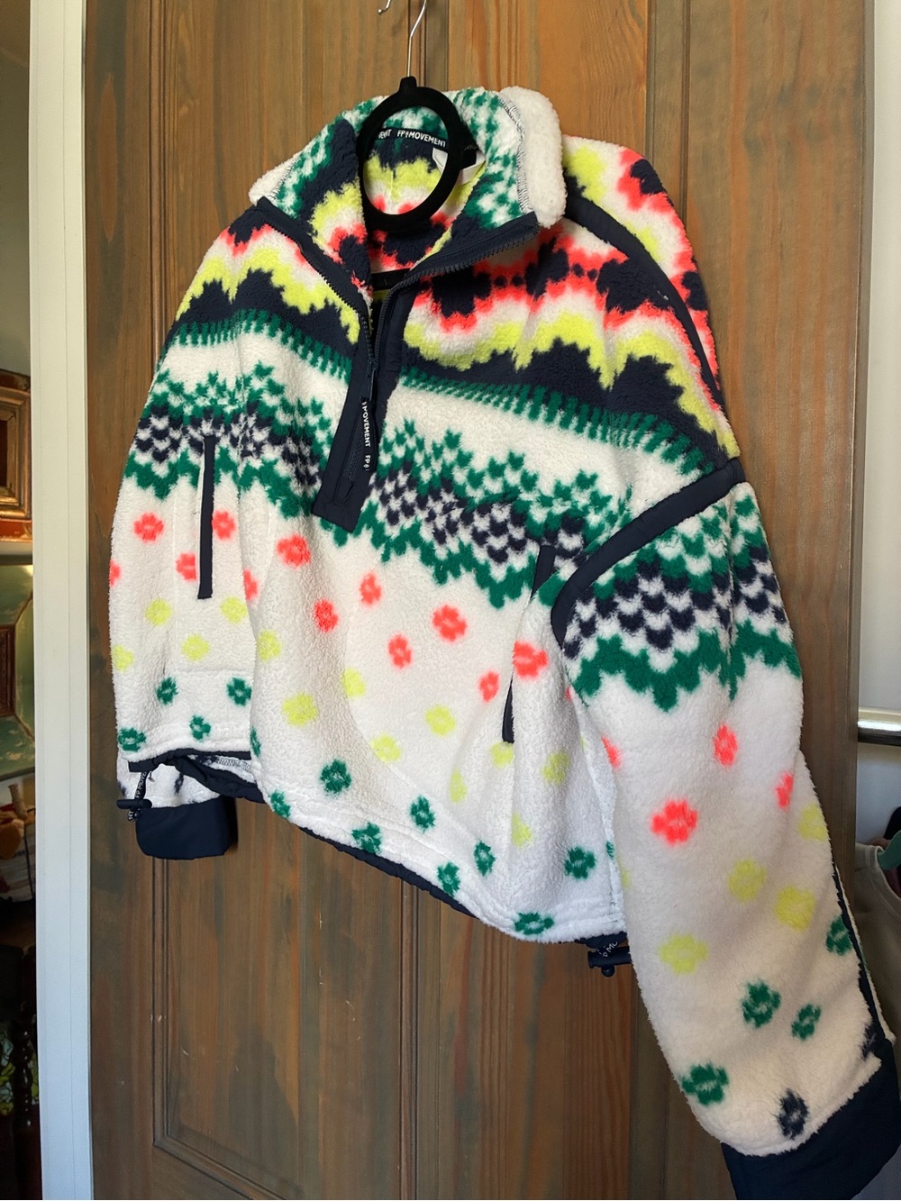 Free People White Sherpa Pullover Jacket with Green, Neon Pink & Yellow Accents